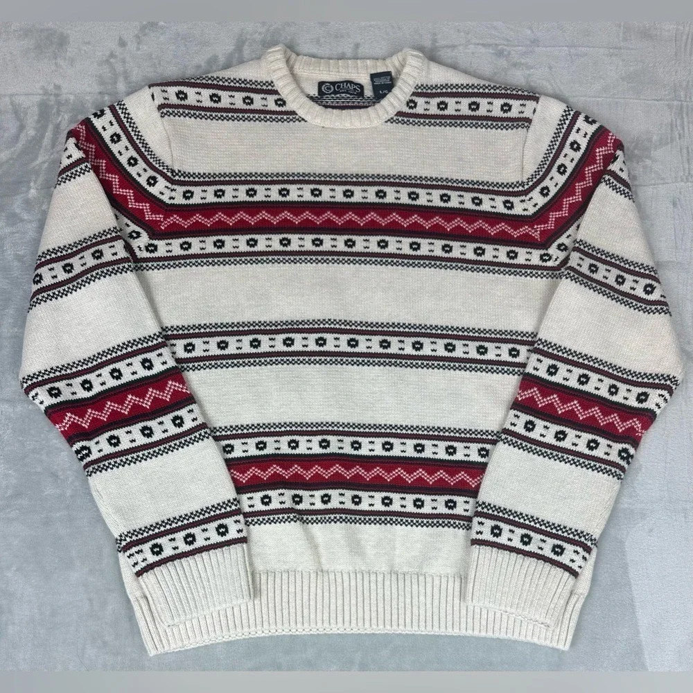 VTG Nordic Fair Isle Sweater Mens L Ivory Red 90s Y2K Preppy Old School